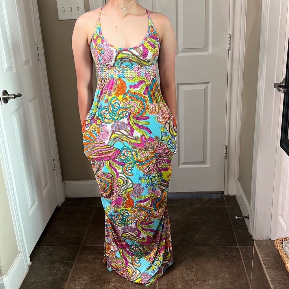 Colorful maxi dress with adjustable straps.